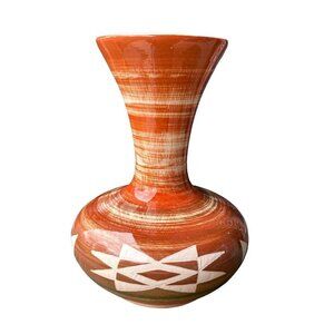 Vintage Native American Sioux Pottery Vase Glazed Orange White Signed 9.25" Tall